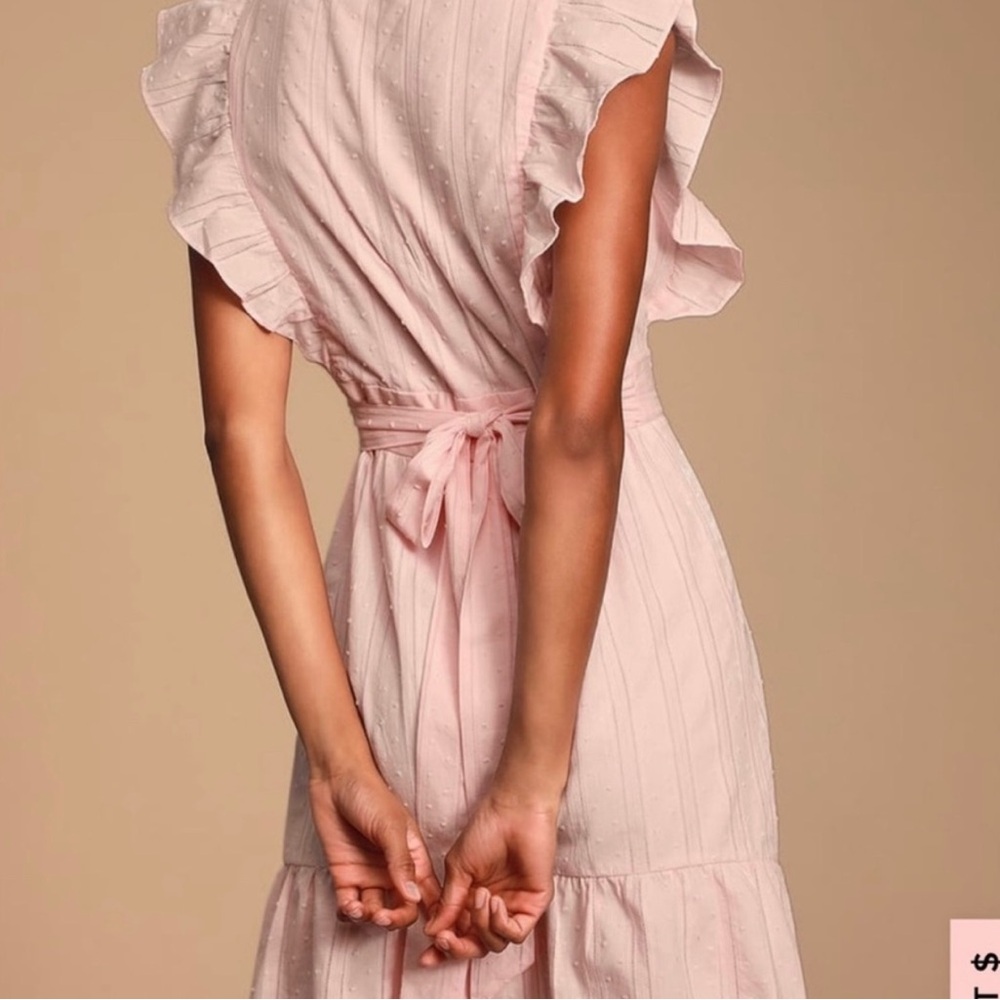 Lulu's Blush Pink V-Neck Button-Front Ruffle Midi Dress - Picture 2 of 5